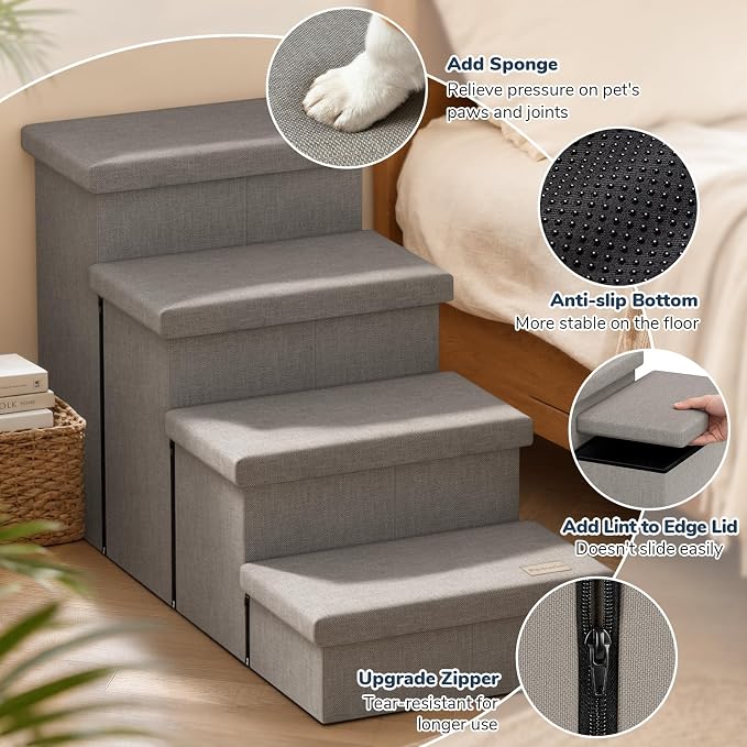 4-Step Wide Dog Stairs with Storage 23" H, Non-Slip Sturdy Pet Steps for High Bed Couch Window, Pet Stairs for Small/Medium/Large Old Dogs Cats Up to 220lbs, Cat Dog Steps for Car/SUV, Grey