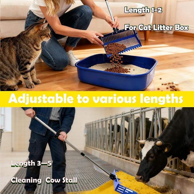 Chicken Poop Scooper & Rake 2-in-1, 15" Extra Large Stainless Steel Litter Scoop, 21"-76" Adjustable Handle, Chicken Coop Cleaner for Sand, Pet Waste & Litter Sifting