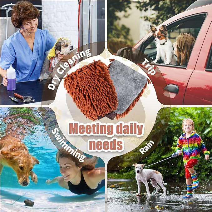 Teenyyou 2 Pcs Dog Towel Mitt Dry Bath Gloves Chenille Microfiber Paws Clean Pet Hair Washing Gloves Dog Grooming Mitts Bath Supplies for Cats Rabbits Horses Suitable for Long/Short/Poodle Fur(Brown)