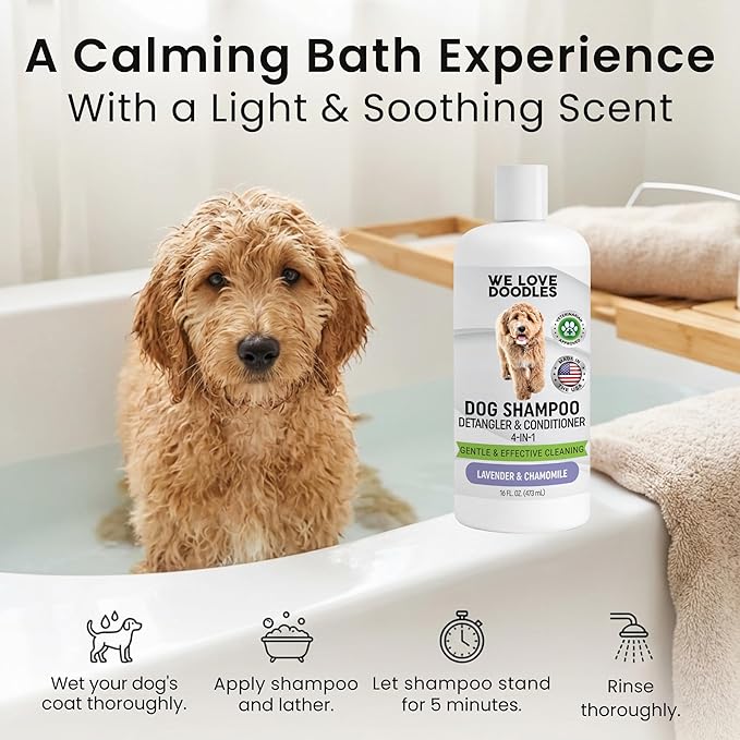 Dog Shampoo & Dog Detangler Spray, Dog Bath Supplies Tearless Lavender 16oz | Best Shampoo, Detangling & Dematting Spray for Dogs, For Sensitive Itchy Skin, Tangle Remover, Goldendoodle, Poodle & Doodle