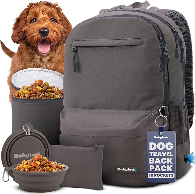 rubyloo Dog Travel Bag with Bowls, Treat Pouch & Food Container, Dark Grey