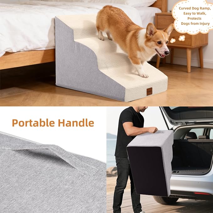 Dog Stairs for Small Dogs,19.7" H,4-Step Curved Pet Ramp for Bed Couch Sofa and Chair,Non-Slip Pet Steps for Injured & Senior Pets with Washable Cover and Durable High Density Foam,Beige