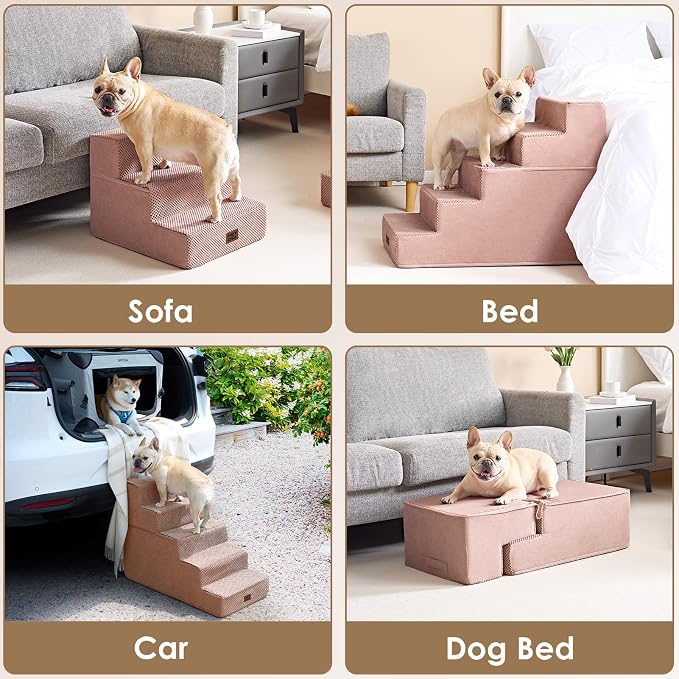 EHEYCIGA Dog Stairs for Bed 25" H, 5-Step Extra Wide Dog Steps for High Bed, Pet Steps for Small Dogs and Cats, Non-Slip Balanced Pet Ramp Indoor, Pink