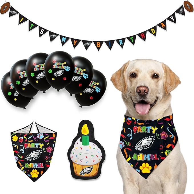 NFL Philadelphia Eagles Dog Birthday Party Set 9pcs with 1 Football Bandana Small/Medium, 1 Banner, 1 Birthday Cake Toy & 6 B-Day Balloons, Dog Birthday Set, Costume, Fun Doggie Pawty Accesories