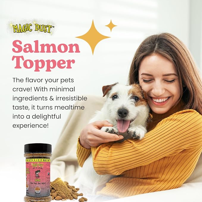 Magic Dust Salmon Jerky Topper, Single Protein Pet Food Topper for Dogs & Cats, Enhance Flavor & Elevate Mealtime Excitement for Picky Eaters - 8 Ounce Bottle in Salmon Flavor