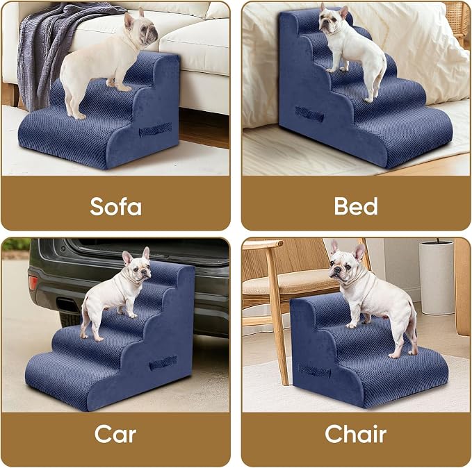 PAWSCRAT Pet Stairs for Dogs 4-Step, 19.6" H Pet Stairs for High Bed, Couch Sofa & Chair, 30D Material Soft Foam Dog Steps with Non-Slip Bottom Surface Removable Washable Cover, Blue