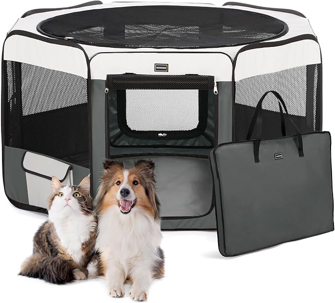 DONORO Dog Playpen Portable Pet Play Pens for Small Dog/Cat/Rabbit/Chicks, Cat Playpen Indoor/Outdoor with Carring Case, Removable Zipper Top and Bottom (Gray, Extra Large (55"x55"x30"), 8)