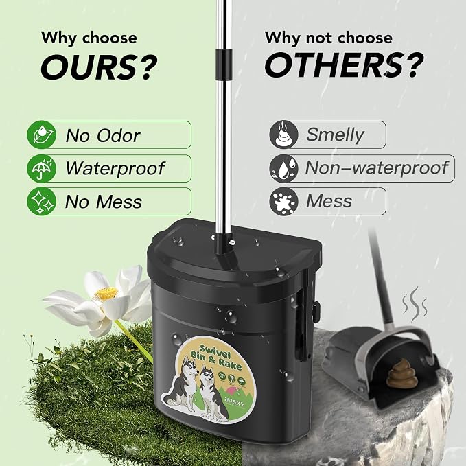 UPSKY Dog Pooper Scooper Swivel Bin & Rake Kit with 100 Waste Bags, 33.4" Stainless Steel Long Handle Heavy Duty Pet Poop Shovel for Large Medium Small Dogs, Odor-Proof Lid for Yard/Lawn/Outdoor Use