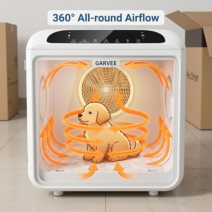 Pet Dryer Box, Quiet Cat Dryer with 360 Airflow System, 50L Capacity Grooming Blower and Temperature Control for Home Bathing, for Cats and Small Dogs
