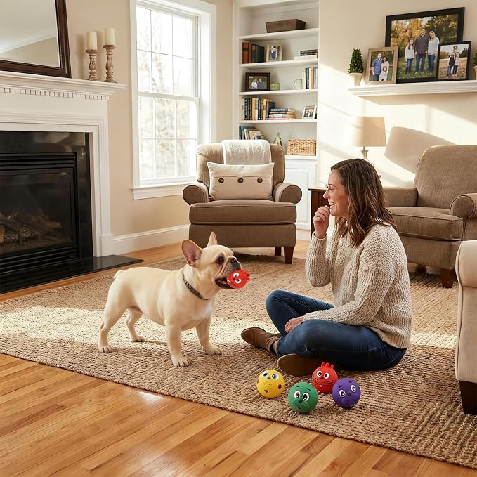 Dog Ball Toy, Smiley Face Squeaky Dog Toys Soft Dog Balls Latex Rubber Squeak Dog Toys for Small Medium Puppy Pet Dog (4 Pack)