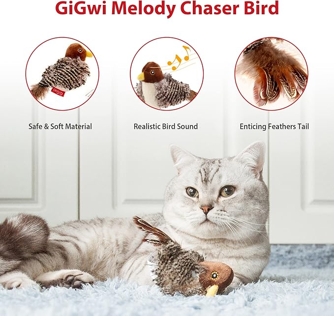 GiGwi Interactive Cat Toys Squeaky, Stimulated Chirping Bird Toy Making Noise,Automatic Chirp Bird Cat Toy with Feather Tail, Melody Chaser Play and Squeak Kitten Toy for Boredom | Interactive Cat Toy, Stimulates Hunting Instinct, Relieves Boredom for ...
