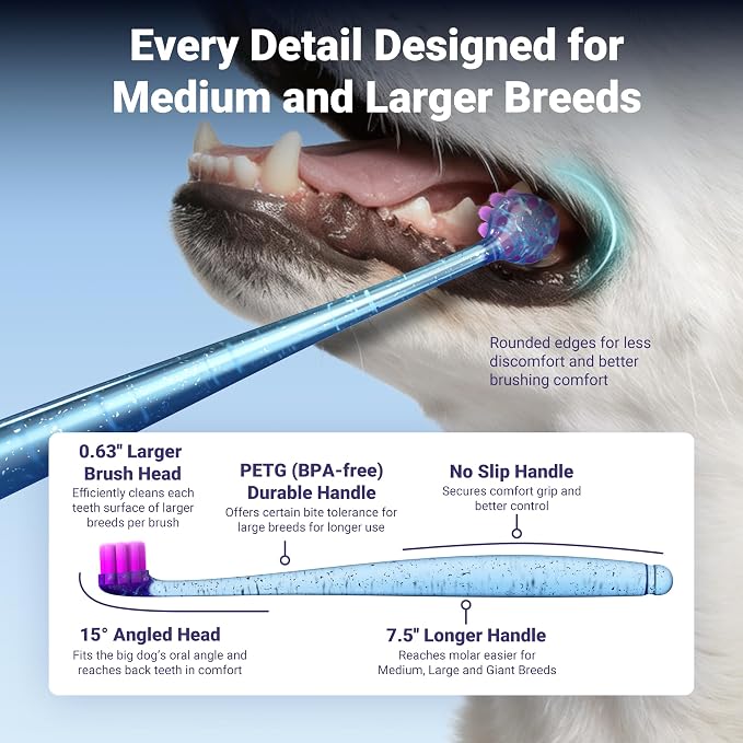 Dog Toothbrush for Medium and Large Dogs&Cats, 2pcs, Ultra Soft Bristle, Long-Lasting Handle, Pet Tooth Brush and Dental Care Kit, Super Thin Bristle Gentle on Gum for Sensitive Pets, Blue