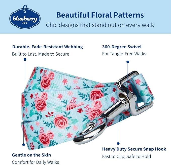 Blueberry Pet Essentials Spring Scent Inspired Garden Floral Dog Leash in Pastel Blue, 5 ft x 3/4", Medium, Leashes for Dogs