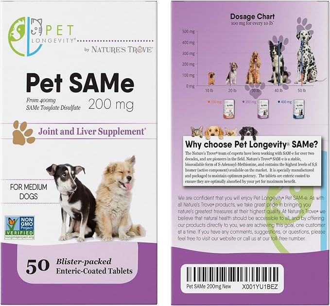 Same 200 mg Pet Supplements – Liver and Joint Support for Medium Size Dogs with Elevated Enzymes – S Adenosyl Methionine - 50 Gluten Free Enteric Coated Tablets – Non GMO Certified