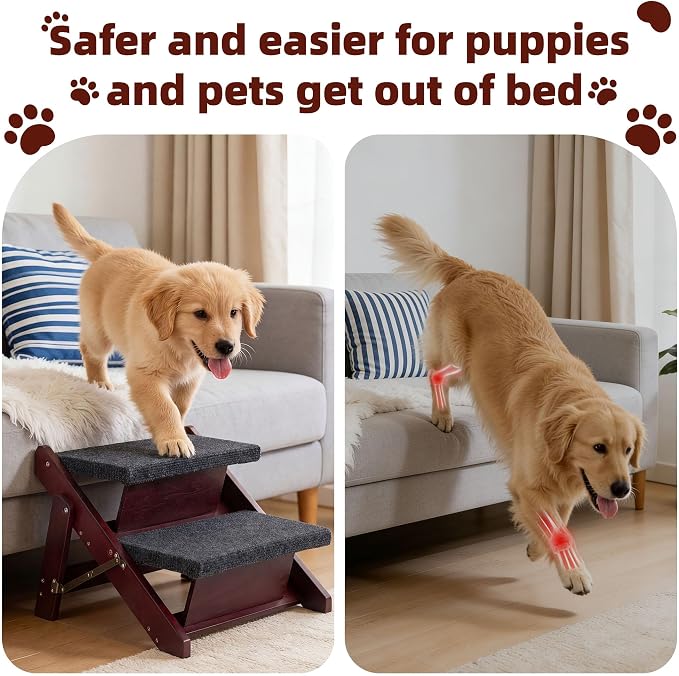 MEWANG Wooden Pet Stairs/Pet Steps - 2-in-1 Foldable Stairs & Ramp for Beds and Cars - Portable Dog/Cat Ladder Up to 220 Pounds - Great for Small and Older Animals(Brown) (17.3" L x 17.24" W x 13" H)
