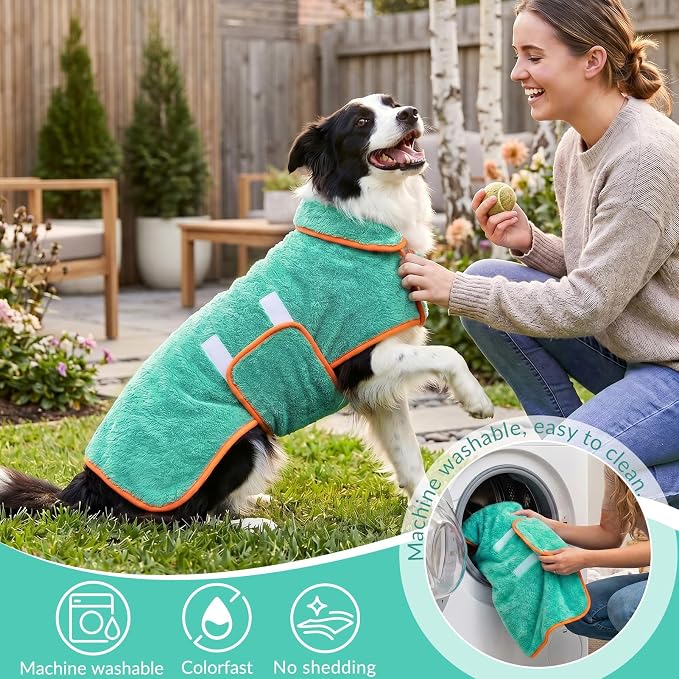 Bienbee Dog Bathrobe, Quick Drying Super Absorbent Pet Robes for Small Medium Large Dogs, Drying Coat for After Bath & Swim, Warm & Cozy Dogs Towels, Dog Puppy Bath Supplies, Lake Green XL