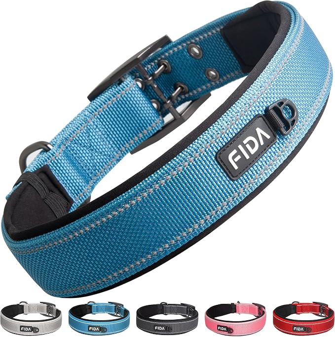Fida Heavy Duty Dog Collar for Large Dogs with Metal Belt Buckle, Blue | 1.5" Width, Soft Neoprene Padded, Thicker Nylon Webbing, Adjustable Fit, Reflective Stitching for Night Safety