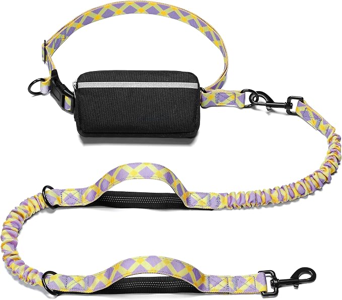 iYoShop Hands Free Dog Leash with Zipper Pouch, Purple-Yellow Mix, Large | Waist Leash, Dual Padded Handles, Shock-Absorbing Bungee, Adjustable Waist Belt, Walking and Running