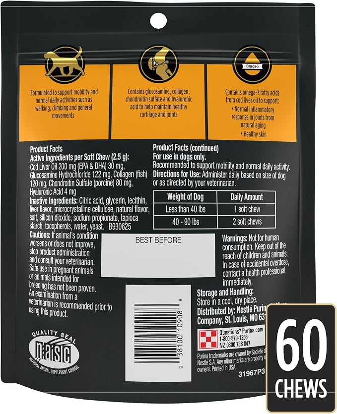 Purina Pro Plan Veterinary Small Breed Dog Joint Care Supplement with Glucosamine, Chondroitin, and Collagen to Support Hip and Joint Health – 60ct Pouch