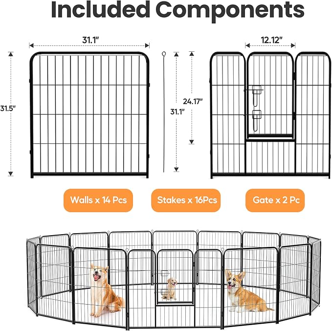 Dog Playpen 32in 16 Panels - Pet Fence, Black