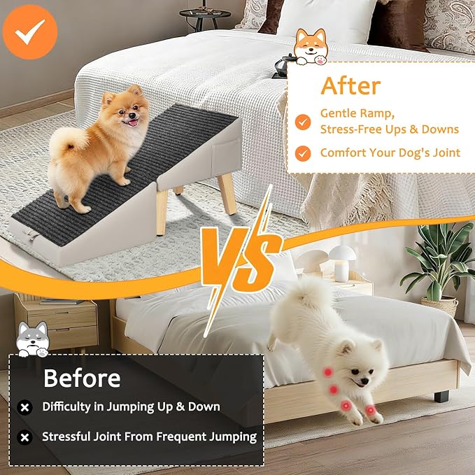 2-in-1 Foldable Dog Ramp for Couch and Bed, 14.4" H Dog Ramps for Small Dogs and Cats, Wooden Pet Stairs with Non-Slip Mat & Side Pockets, Split Ottoman Pet Ramp Steps for Medium Dogs, Puppy