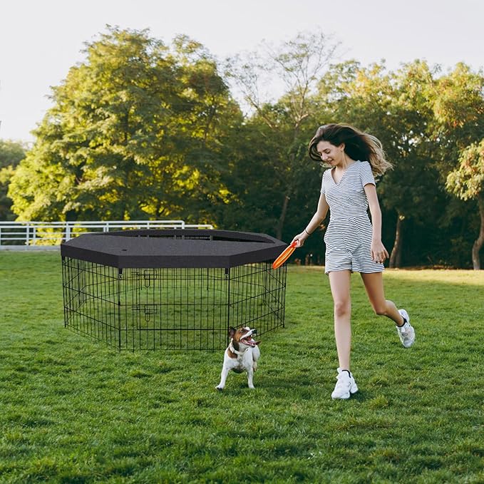 Artmeer Pet Playpen Puppy Playpen Kennels Dog Fence Exercise Pen Gate Fence Foldable Dog Crate 8 Panels 24 Inch for Pet Animals Outdoor Indoor with Top Cover (Black with Top Cover)
