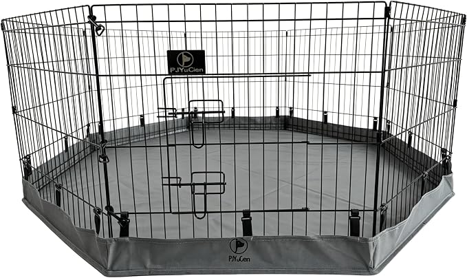 PJYuCien Octagonal Dog Playpen with Bottom Pad - Metal Foldable Exercise Pen, 8 Panels 24" H x 24" W Indoor Outdoor Pet Fence Puppy Crate Kennel, Gray