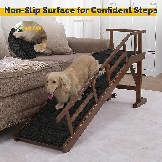 Dog Ramp for Bed or Couch, Wooden Pet Ramp with 20° Gentle Slope, Removable Side Rails, Non-Slip Surface, Top Platform & Wheels, Safe Bed Ramp for Small, Large & Senior Dogs, 60" Long, Walnut