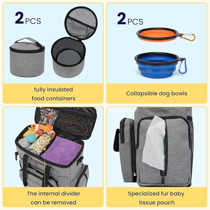 Modoker Dog Travel Organizer with 2 Collapsible Bowls & Food Containers