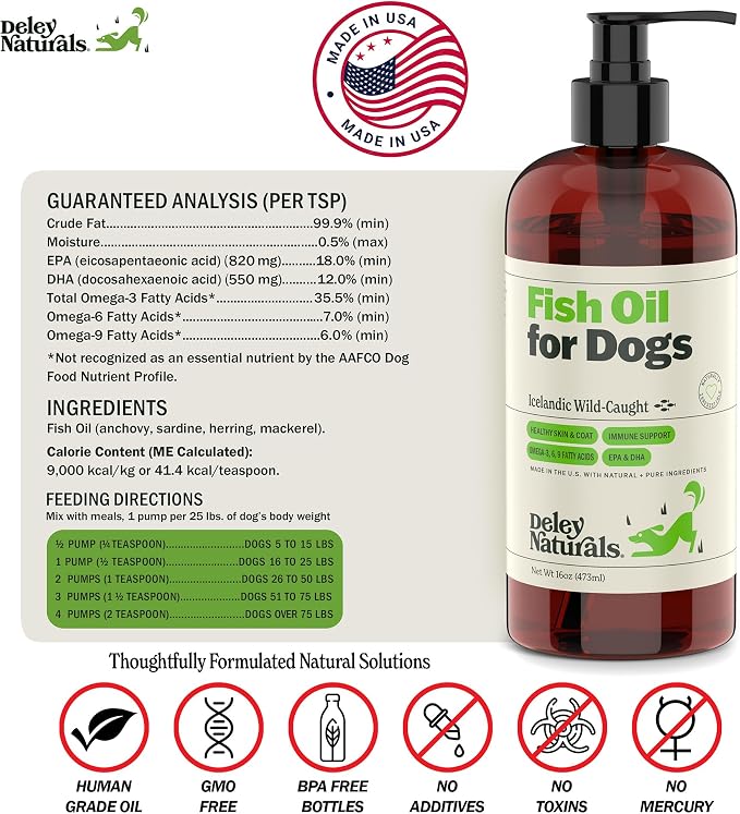 Deley Naturals Fish Oil for Dogs - Itch Relief for Dogs with Omega 3 6 9 for Skin, Joints, Heart and Brain Health - Icelandic Omega 3 Fish Oil for Dogs Skin Irritation - 16oz Omega Oil Made in USA