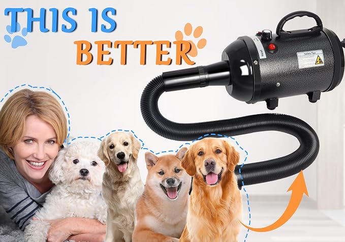 Dog Dryer for Large Dogs 5.2HP 3800W High Velocity Pet Hair Dryers | with Heater for Grooming, Spind Temperature Adjustable Pet Dryer Machine with 4 Nozzles (Black)