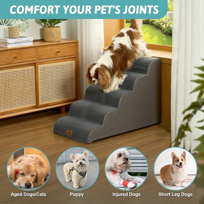 COZY KISS Wide Dog Stair for Small Dog 22.6" H, 5 Step Pet Ramp for Bed | Curved Stable Dog Step for Puppy, Older Cat, Senior, Medium, Short-Legged Dog, Non-Slip Ladder for Car, Dark Grey