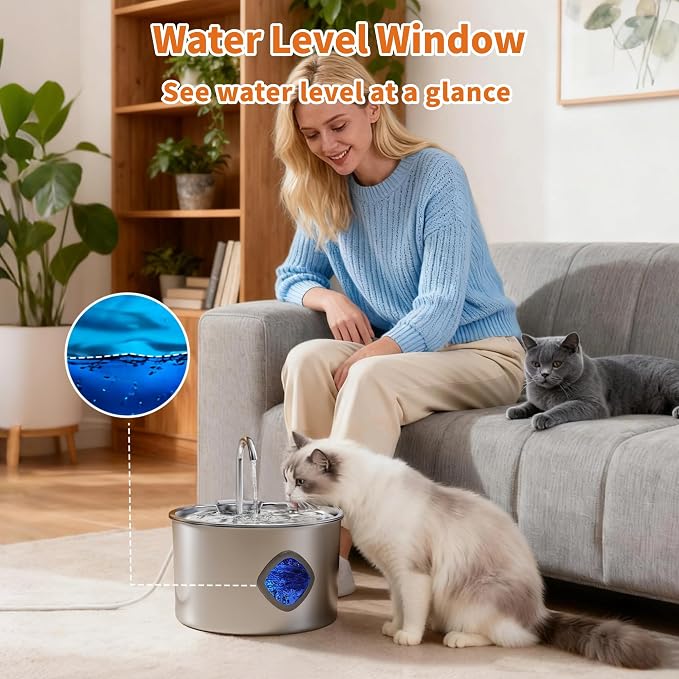 Cat Water Fountain Stainless Steel: 108oz/3.2L Cat Fountain for Drinking - Pet Water Fountains for Cats Indoor - Dog Water Bowl Dispenser - Pets Feeding & Watering Supplies - Automatic Water Dispenser