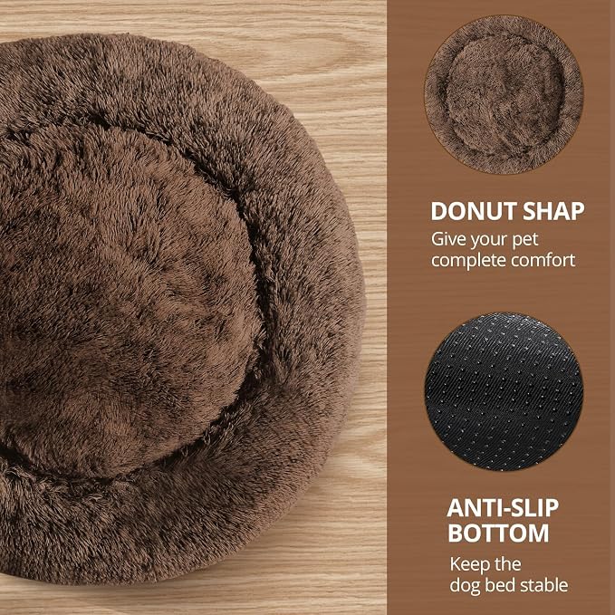 JOLLYVOGUE 20" Calming Donut Dog & Cat Bed, Coffee