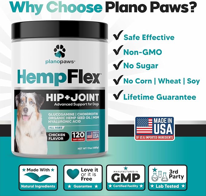 Glucosamine for Dogs Hip and Joint Supplement, 120 Soft Chews with Hemp