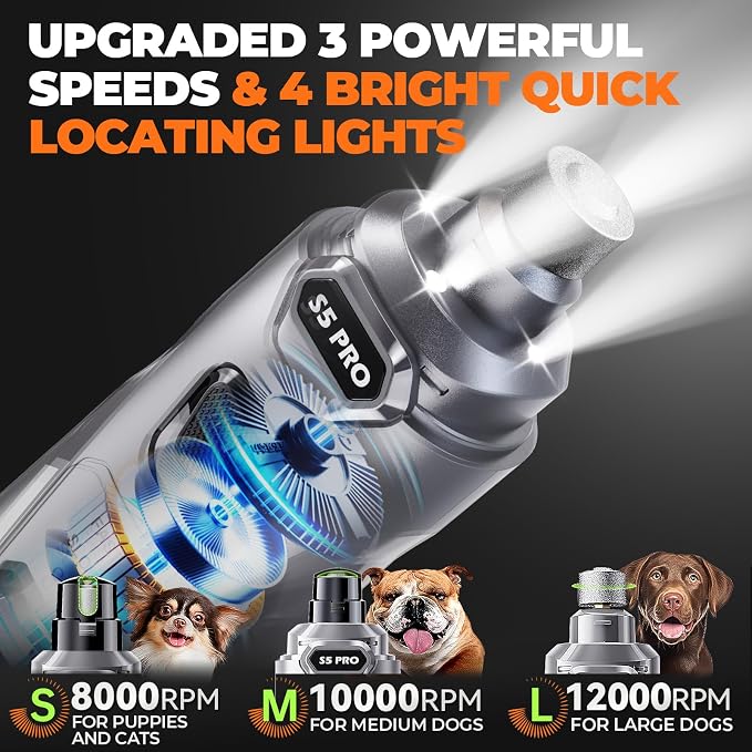 Whisper Quiet Dog Nail Grinder with 4 LED Lights, 3-Speed, Grey