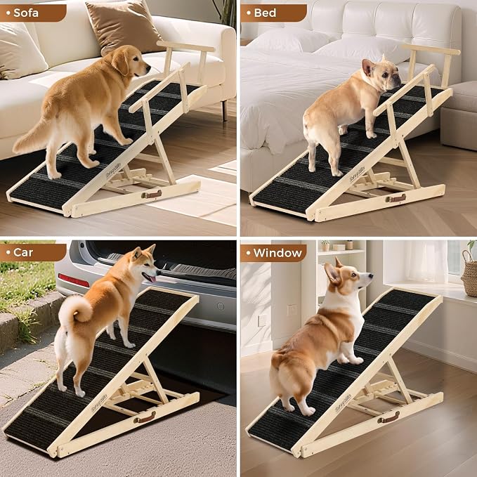 Dog Ramp for Bed - 53.3" Long Foldable Pet Ramp for Small Large Dogs - Dog Ramps for High Beds Couch Car/SUV - Pet Stairs High Traction with Platform 7 Adjustable Heights 17" to 30" Up to 200LBS, Wood