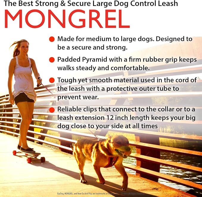 EzyDog Mongrel, 12" Short Dog Leash for Medium to Large Dogs - 12", Black | Strong Handle with Rubber Comfort Grip, Pyramid Handle Design, Keep Your Large Dog Close, Perfect for Control