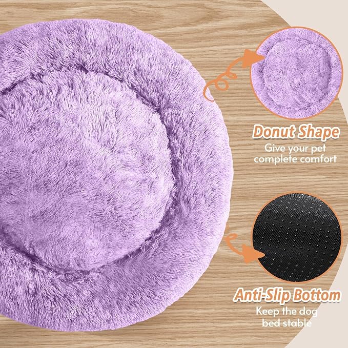 JOLLYVOGUE 36" Calming Donut Dog Bed, Purple