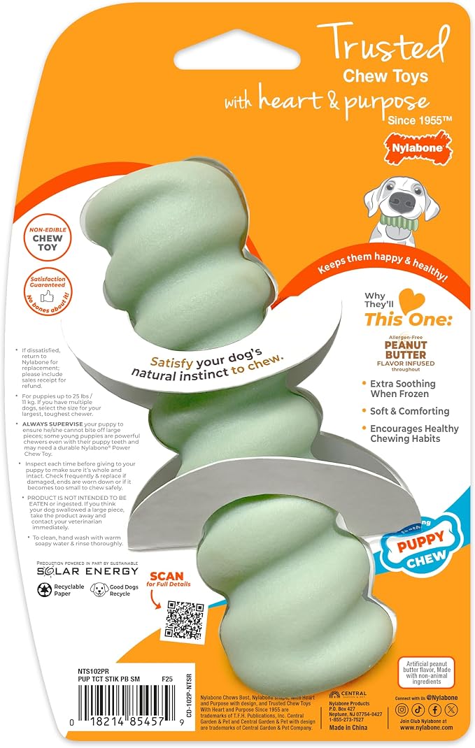 Nylabone Puppy Chew Sensory Material Grooved Stick Dog Chew Toy, Small | Peanut butter flavor, soothing teething toys for puppies, teething relief, freeze for extra comfort, up to 25 lbs