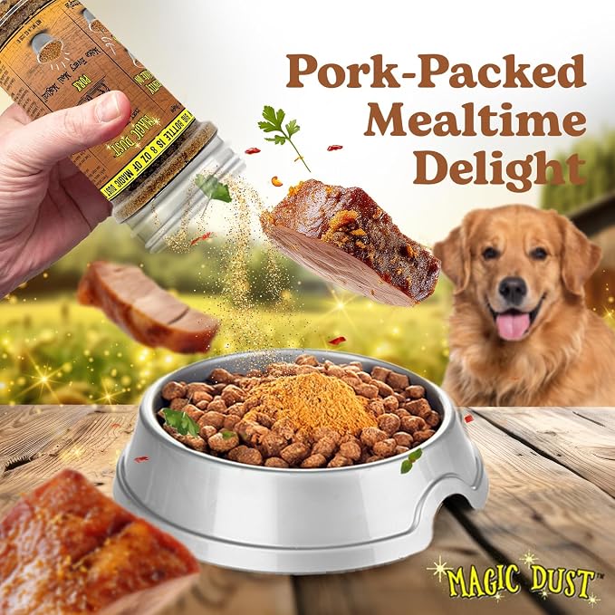 Magic Dust Pork Jerky Topper, Single Protein Pet Food Topper for Dogs & Cats, Enhance Flavor & Elevate Mealtime Excitement for Picky Eaters - 8 Ounce Bottle in Pork Flavor