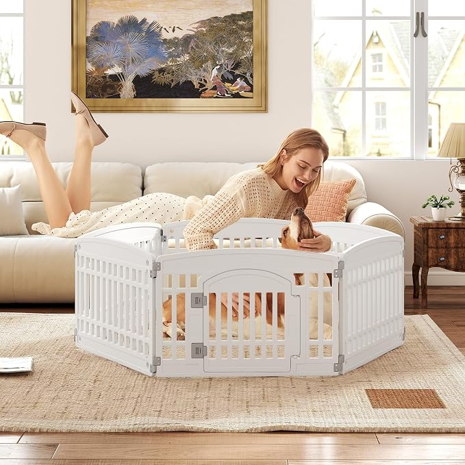 PETSITE 6-Panel Plastic Dog Playpen with Door, 24 Inch Tall Shape-Customizable Pet Playpen Indoor Outdoor, Ideal for Small & Medium Dogs and Puppies, with Lockable Door, Easy to Assemble