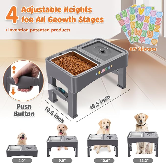 Decflow 2-in-1 Elevated Dog Bowls, 4 Height Adjustable Raised Dog Bowls with Stainless Steel & No Spill Water Bowl, DIY Stickers Foldable Pet Bowl for Medium Large Dogs(Not Included Slow Food Bowl)