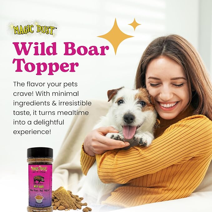Magic Dust Wild Boar Jerky Topper, Single Protein Pet Food Topper for Dogs & Cats, Enhance Flavor & Elevate Mealtime Excitement for Picky Eaters - 3.5oz Bottle in Wild Boar Flavor