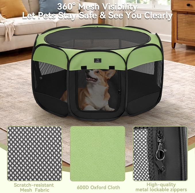 Dog Playpen for Small Dogs & Puppies, 50.39" Portable Indoor Outdoor Puppy Playpen with Bowl, Waterproof Floor, Foldable Pop-Up Pet Pen for Home, Travel & Daily Use, Green+Black