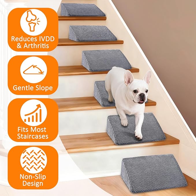 Dog Ramp for Stairs, Non-Slip Stair Wedges with Gentle Slope, Pet Ramp with Washable Cover and Self-Sticky Pads for Safe Climbing, Gray, 6 Pack