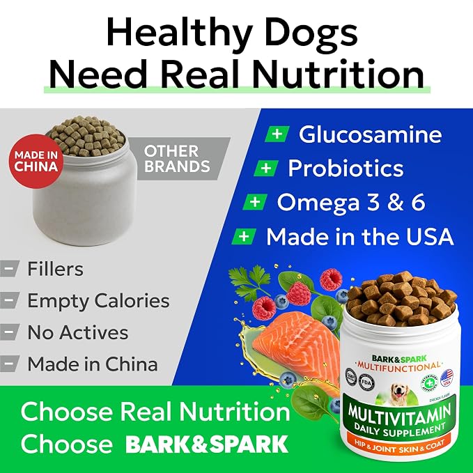 BARK&SPARK Dog Multivitamin Chews with Glucosamine, Omega 3 & Probiotics | Chondroitin & Digestive Enzymes - Skin, Coat, Joint & Gut Health Support - Vitamins & Supplements for Dogs - 240 Ct