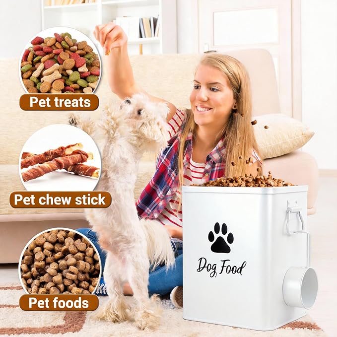 Dog Food Container 6.6lb, 6.6lb, Metal, White