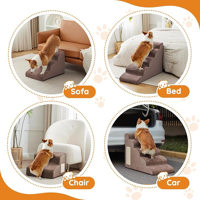 Dogs Steps for Bed, Dog Stairs for Small Dogs, 4-Step Dog Ramp for Bed, Couch, Sofa, and Chairs, Non-Slip Bottom Design, Cat Scratching, High Density Foam Portable Pet Step, Indoor, Coffee