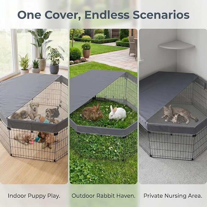 PJYuCien Octagonal Playpen Top Cover for 24" Side Metal Pet Pen, Half Mesh Half Oxford with Silver Coating & Snap Hooks, Predator & Weather Protection, Cozy Den for Puppy Small Animals, Gray